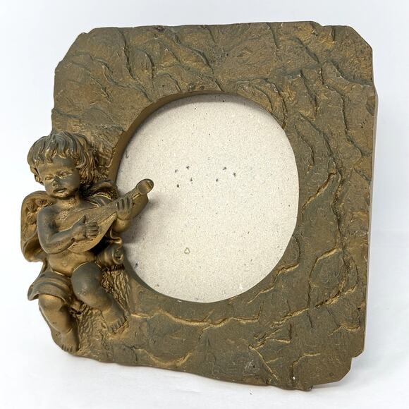 Cherub Playing Lute Angel Picture Frame Gold Rustic Stone Retro Vintage Style - Picture 2 of 6